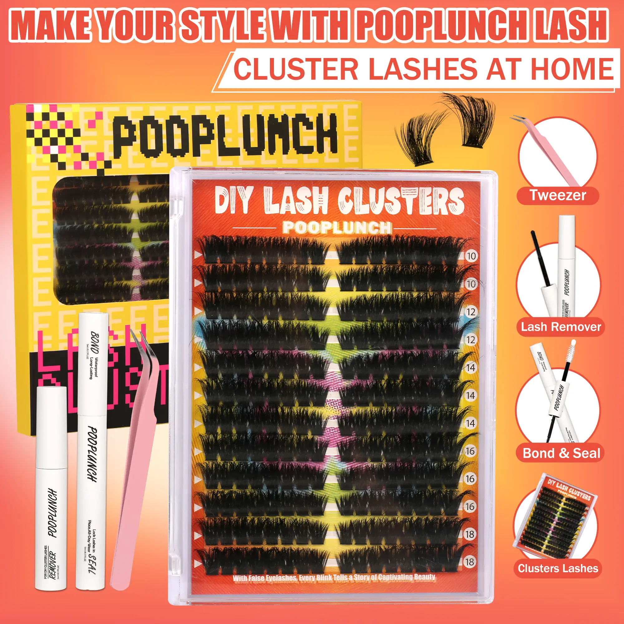 Dramatic Eyelash Extension Kit – 8-18mm False Lashes (Cluster & Individual) with  Lash Bond & Seal for Instant Glam Volume Lash Clusters Kit - Lash Extension Kit with D Curvature Eyelash Extensions This kit includes lash bond and seal, waterproof tweezers