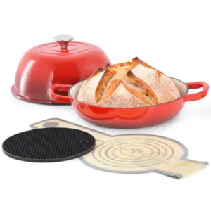 MegaChef MC-CIBP100-R 6 qt. Round Enameled Cast Iron Bread Pot Cookware, Red with Lid, Baking Mat, Oven-Safe for Baked Goods