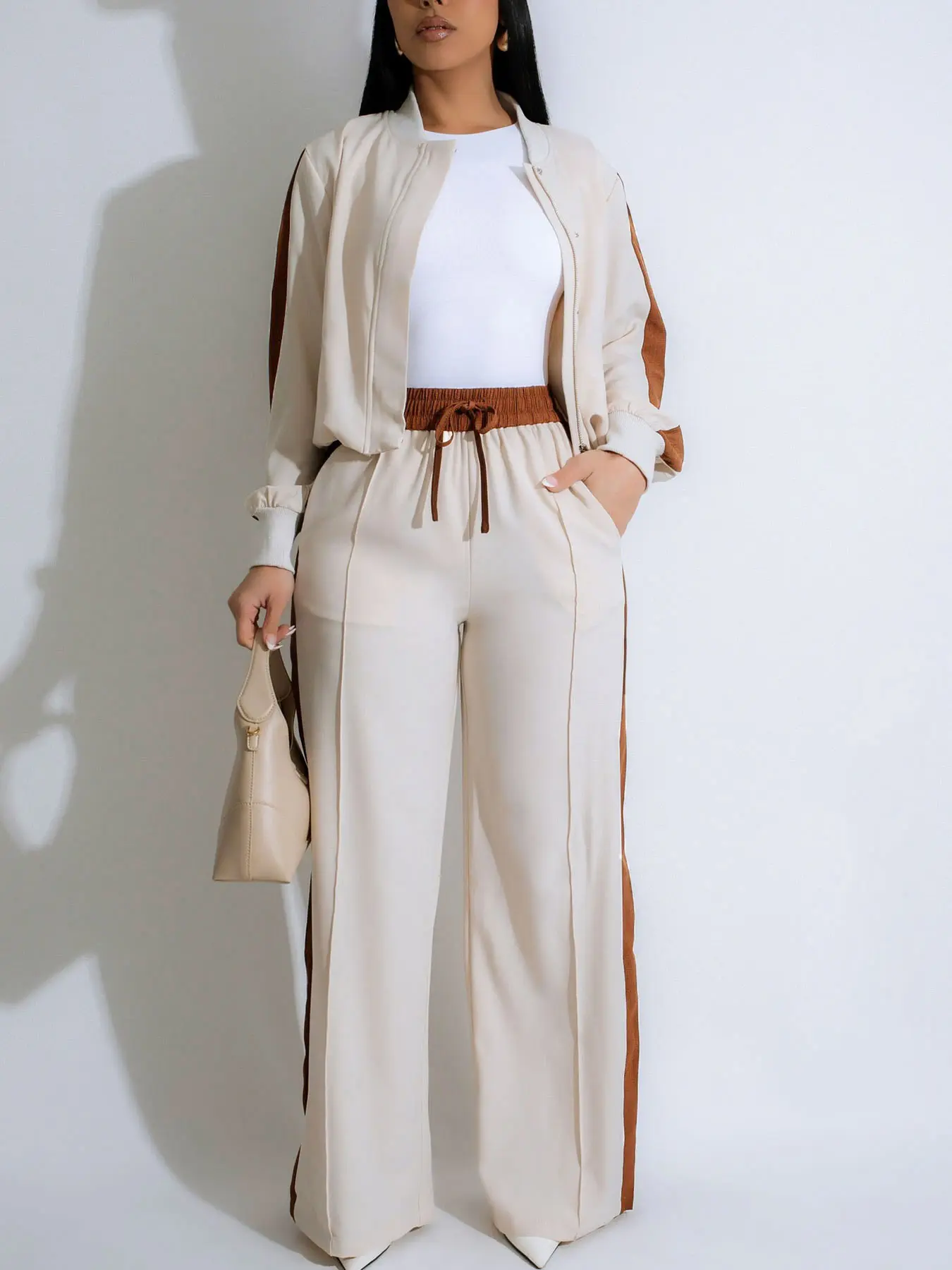 Women's 2-Piece Matching Colorblock Patchwork Fitted Zipper Jacket & Wide-Leg Pants Set Outfit, Casual Streetwear Style, Daily Commute Fashion, Trendy Women's Clothing, Fashion Clothes Set