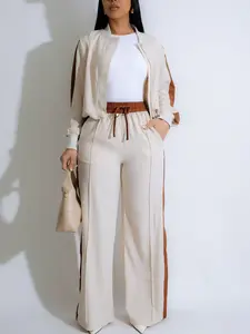 Women's 2-Piece Colorblock Patchwork Fitted Zipper Jacket & Wide-Leg Pants Set, Casual Streetwear, Daily Commute Fashion, Trendy Women's Clothing