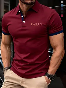 New Polo Collar Letter Printed Detail Shirt, Casual Fitted Design, Daily Wear, Stylish and Elegant, Random Print Pattern