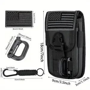 Tactical Molle Phone Pouch Waist Belt Holster with Buckle Closure Utility Card Holder Flag Patch Keyring D-Ring for 4.7-6.7 Inch Smartphones