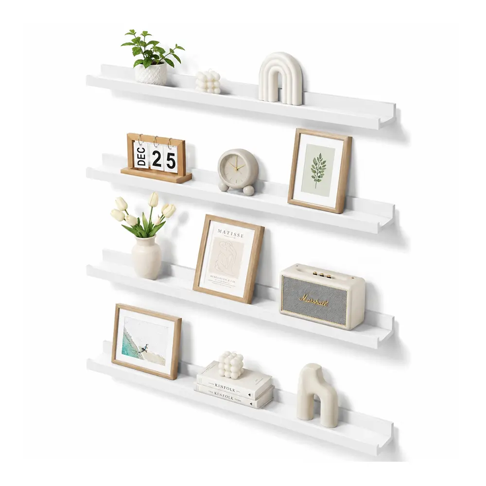 24 Inch Picture Ledge Shelves Set of 4, White Floating Wall Shelves with Protective Ledge for Photos Books Artwork Decor Storage and Display