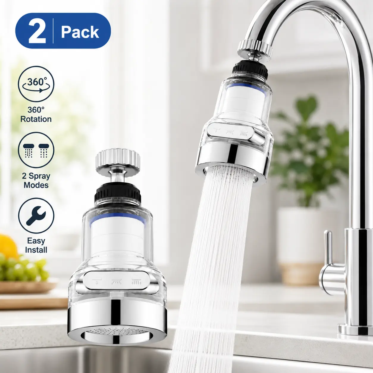 2 Count, 360° Rotating Faucet Aerator Filter 6-Layer Filtration 3 Water Modes Splash-Free for Kitchen Sink Fruit Vegetable Cleaning - MM2