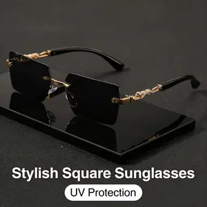 Y2K Streetwear Rimless Sunglasses | Leopard Detail UV400 Protection | Trendy Retro Shades for Summer Beach, Driving & Street Style