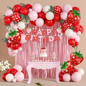 Strawberry Birthday Party Decorations Set with Pink Fringe Curtain, Happy Birthday Banner & Pink Red Sand White Balloons, Ideal for Strawberry Themed 1st Birthday & Baby Shower