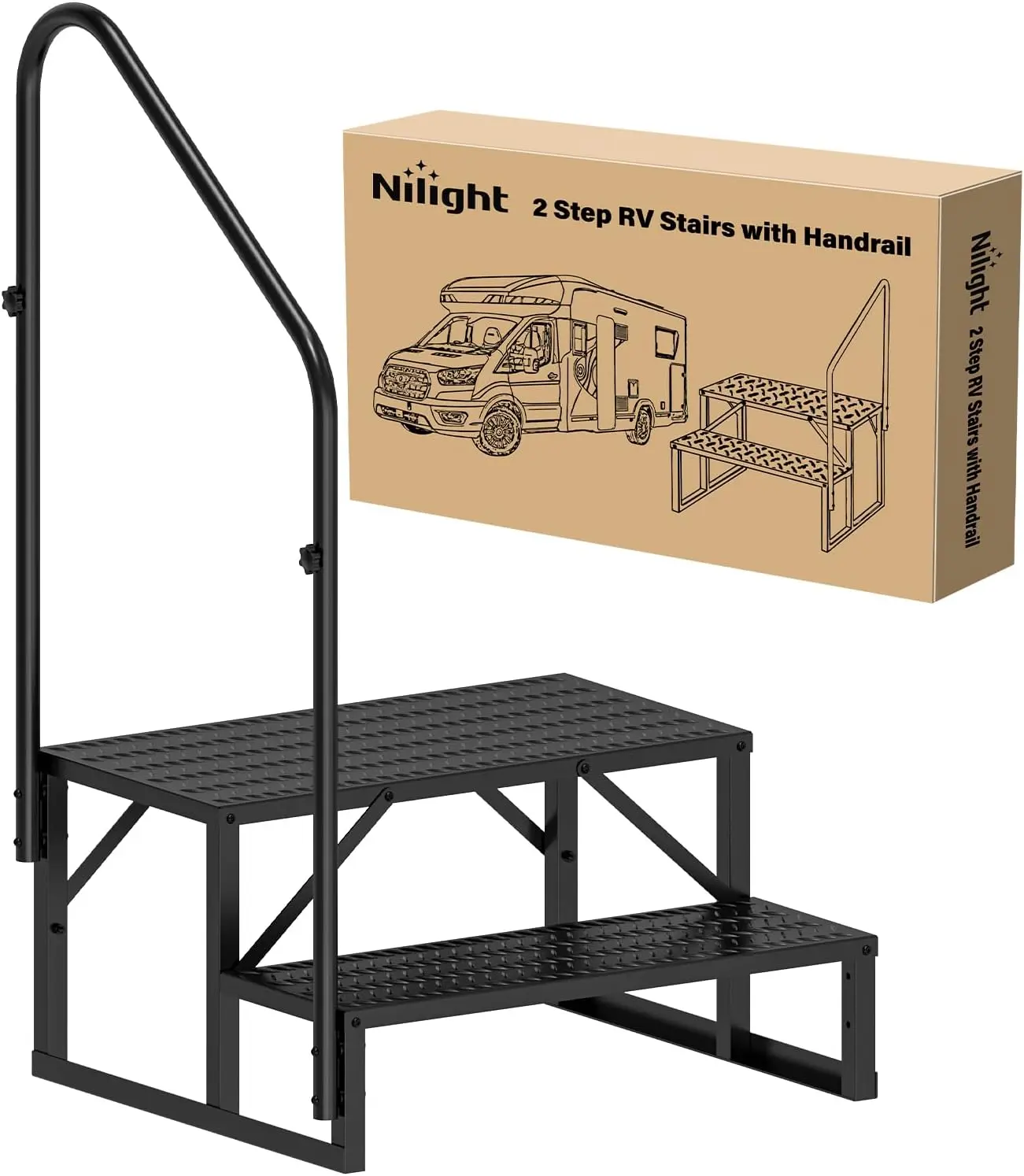 Nilight 2-Step Portable RV Stairs with Anti-Slip Handrail, Outdoor Easy-Access Steps for Camper Travel Trailers, 5th Wheel RV Porch Use, Two Steps
