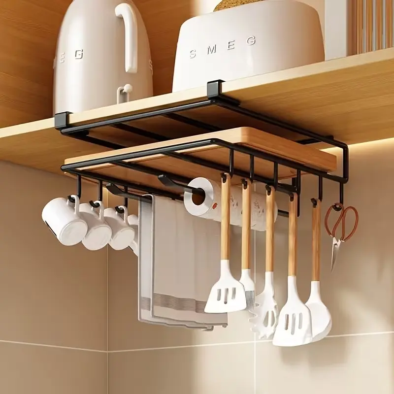 Mug Holder Under Cabinet,Paper Towel Holder For Cabinet,Chopping Board Organizer,No-Hole Multifunctional Stainless Steel Under Cabinet Hooks For Kitchen (Black)