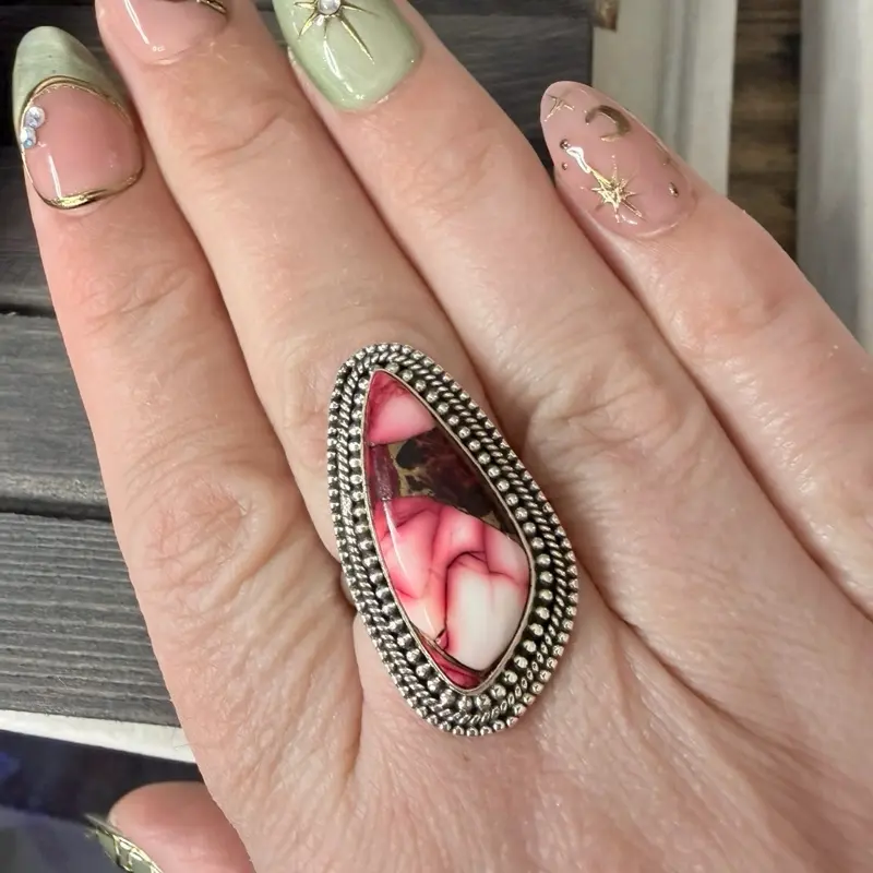 Just be Hipie Ring size 7.5 - Unique Design with Pink and White Stone. Rose Dahlia