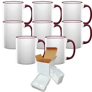 8-Piece Set of 11oz Dark Red Rim & Handle Sublimation Mugs with Foam Support Shipping Boxes | Premium Quality