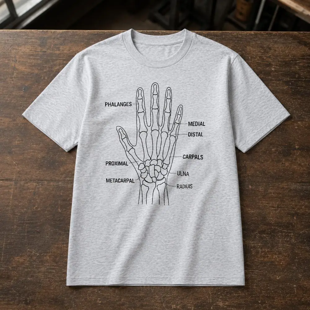 XTAUTO Vintage Anatomical Hand Skeleton Bone Diagram Unisex T-Shirt Casual Summer Fall Gift For Medical Students Doctors Nurses Anatomy Lovers