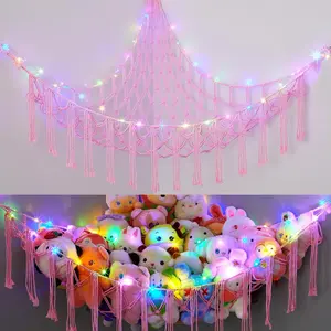 Basumee Stuffed Animals Net or Hammock with LED Light, Hanging Stuffed Animals Storage Hammock Net Corner Wall Girls Room Decor Storage Organizer, Pink, XL