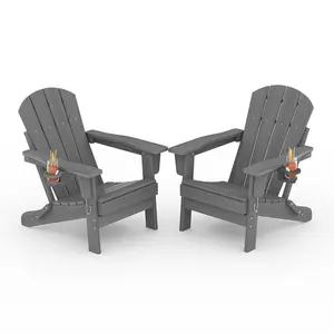 Folding Adirondack Chair Set of 2, All-Weather HDPE Outdoor Chair, Wooden Textured with Cup Holder for patios, Decks, Gardens, fire pits, Gray
