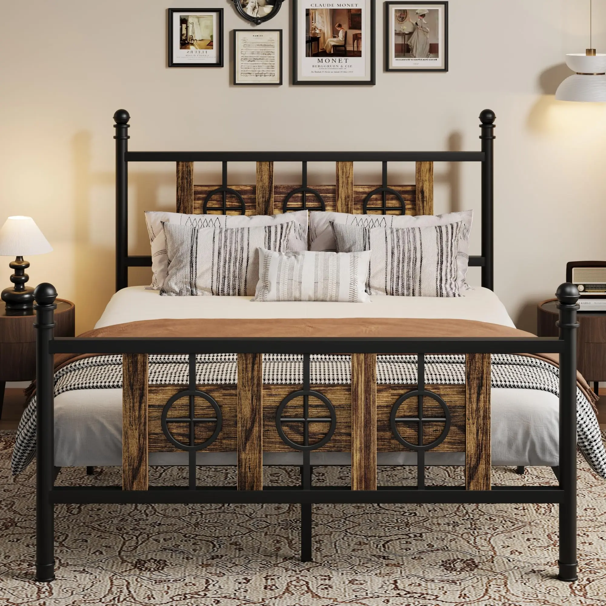 Vintage Circular Metal Bed Frame with Headboard & Footboard – Sturdy, Noise-Free, Under-Bed Storage, Easy Assembly, No Box Spring Needed, Home Bedroom Solution – Full Size, Brown