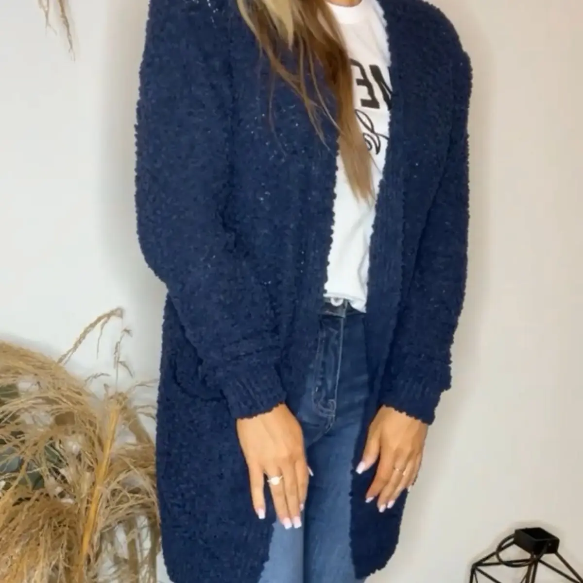 Navy Popcorn Cardigan Comfort Soft Chic