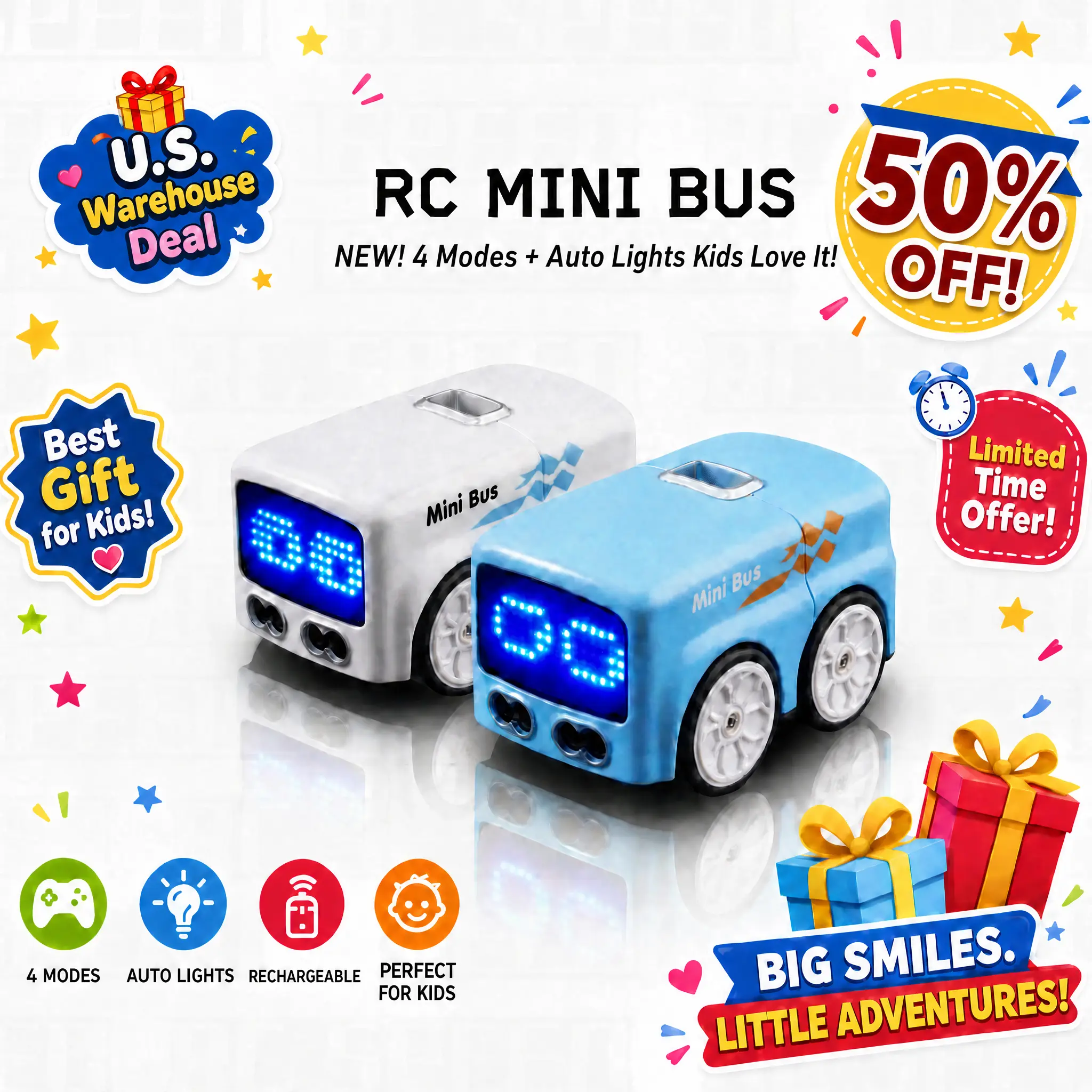 RC Controlled Mini Bus Toy - Wireless Controller Smart Toy Car with LED Faces, 4 Play Modes RC Vehicle for Toddlers, Rc Car, Wireless Controller Cars