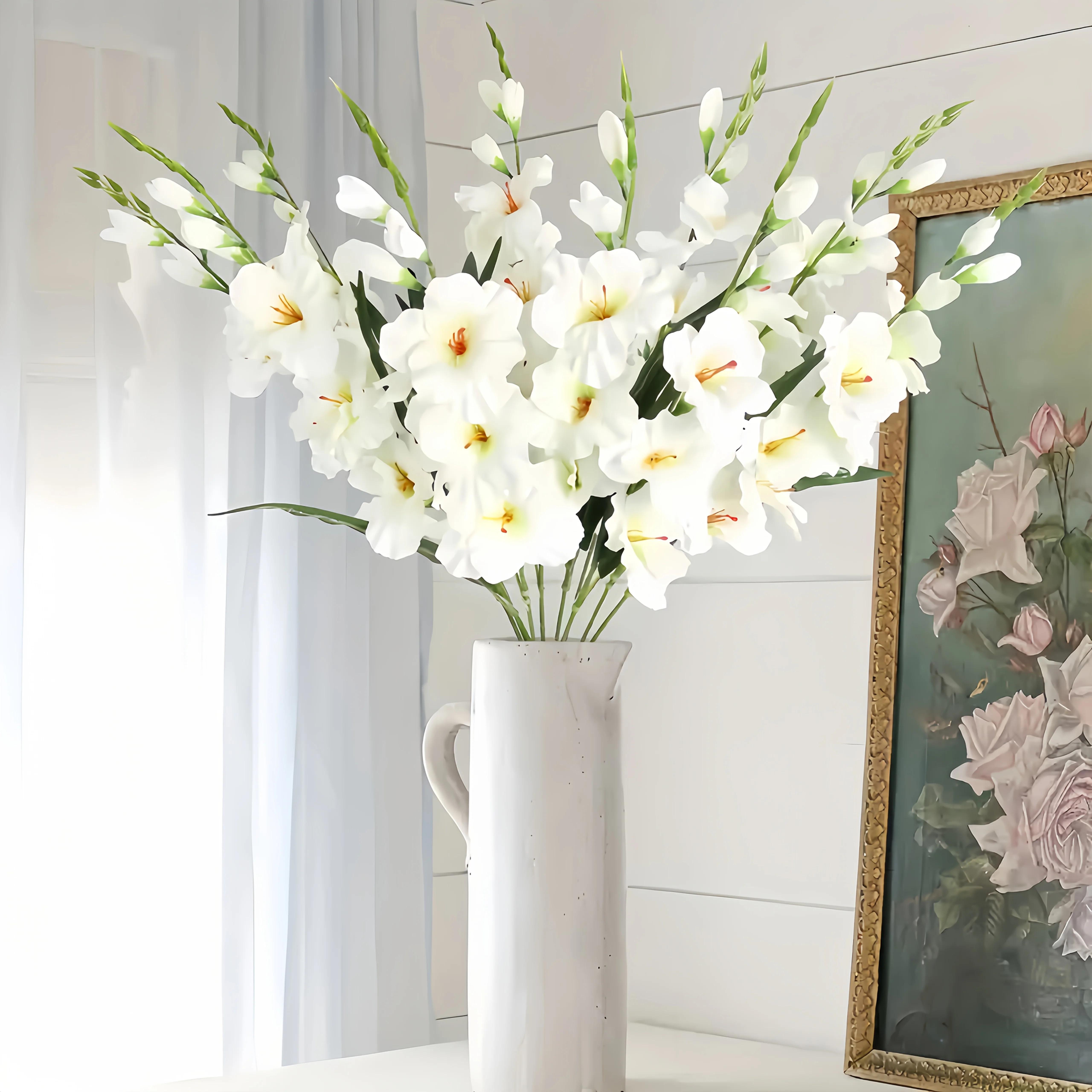 8pcs Artificial Gladiolus Orchid Flower Bouquet |   White Blooms & Green Foliage, Maintenance-Free Lifelike Stems for Weddings