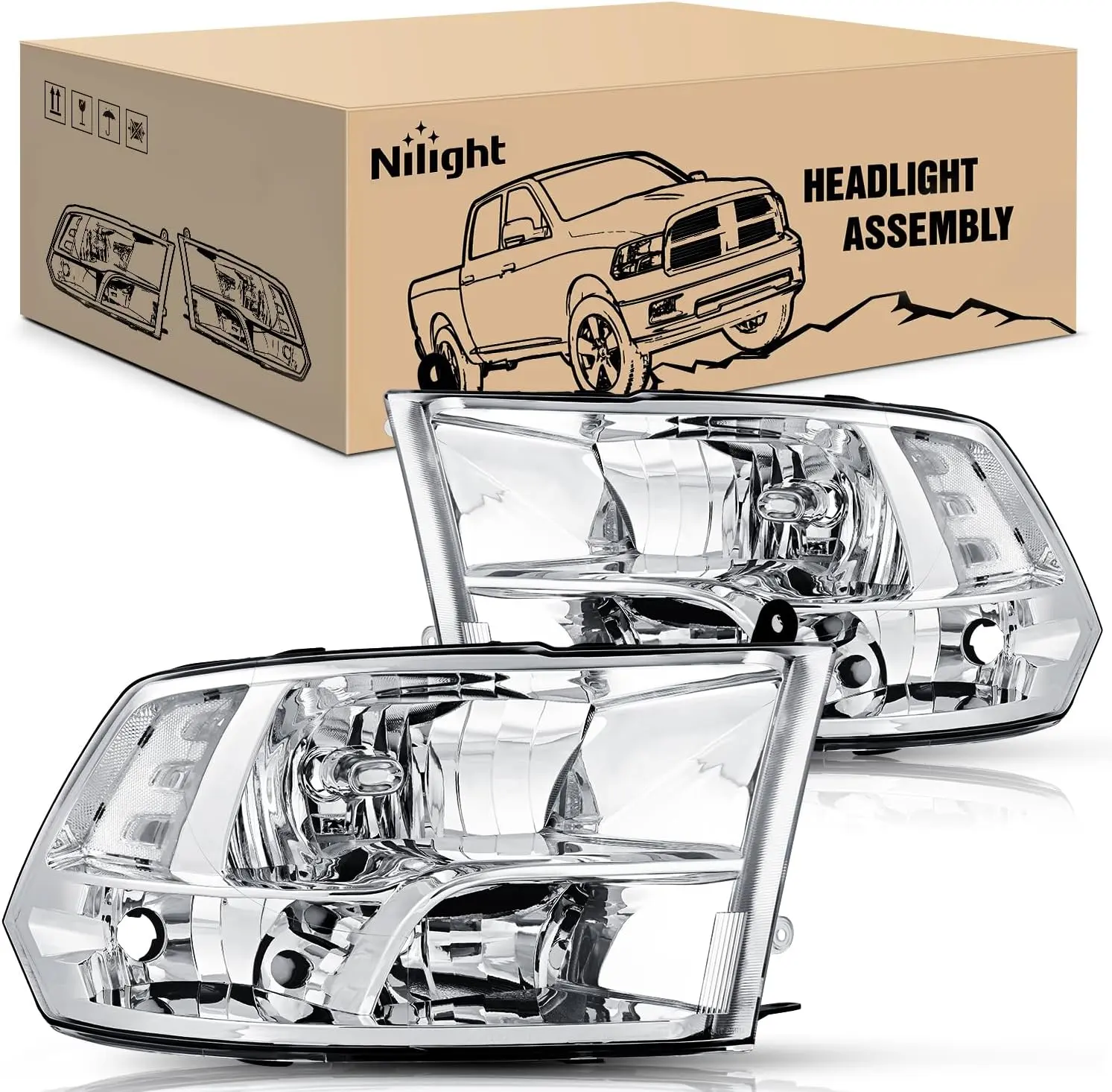 Nilight Quad Headlight Assembly Replacement - Chrome Housing, Clear Corner, Clear Lens - Fit 2009-2018 Ram 1500/2500/3500 Pickup (Only for Quad Models) with LED Headlight Bulbs & Auto LED Light Switchback