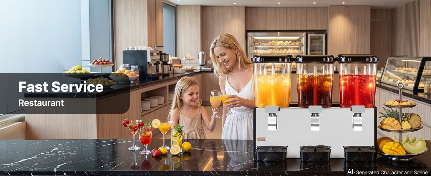 VEVOR Commercial Beverage Dispenser, 3-Tank Cooling Drink Machine with 18L/19QT Per Tank, Stainless Steel Build, 45℉-54℉ Temperature Control, Commercial Look for Restaurants, Three Tanks VEVOR Commercial Beverage Dispenser, 3-Tank Cooling Drink Machine with 18L/19QT Per Tank, Stainless Steel Build, 45℉-54℉ Temperature Control, Commercial Look for Restaurants, Three Tanks