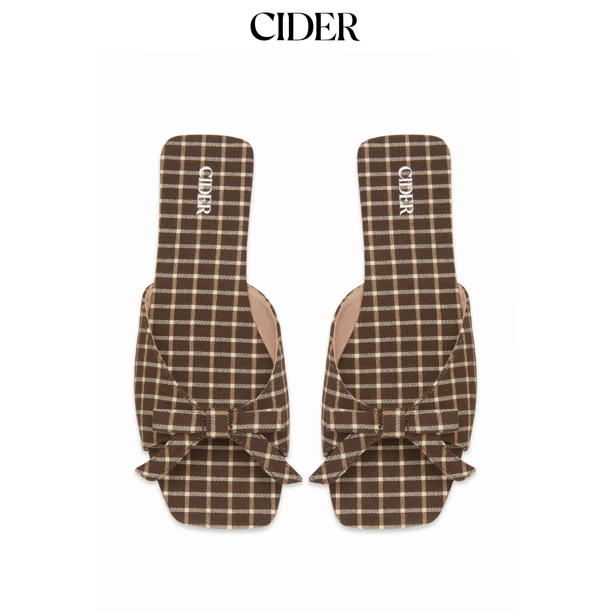 Cider Women's Gingham Fabric Slides, Square Toe Open Back Flat Heel Sandals with a Decorative Bowknot for Indoor Wear, Shoe, Footwear, Checkered, Flat Heels, Indoors, Casual Slides, Everyday Wear