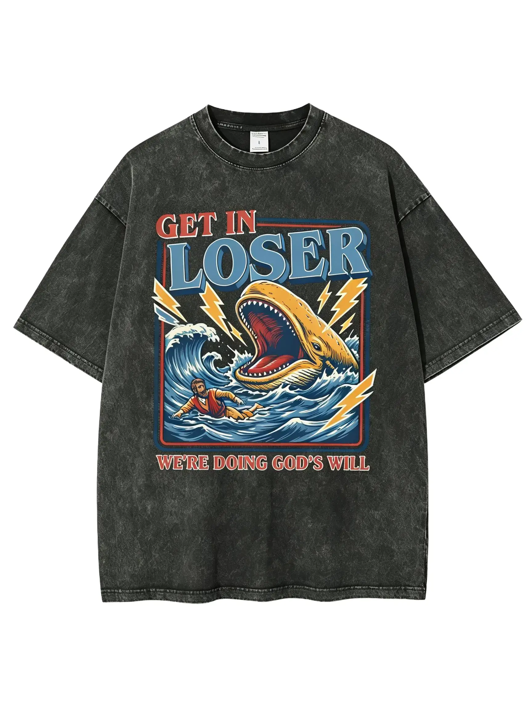 Men's Jonah and the Whale Graphic T-Shirt - Oversized Washed Cotton Christian Streetwear, Short Sleeve Round Neck Relaxed Loose Fit Vintage Menswear Top