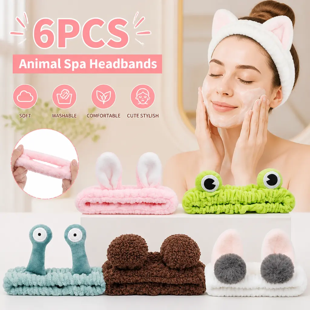 Women's 6pcs Plush Fabric Alien Animal Ear Wide Bands - Soft Headband, Elastic Fashion Headbands, All-One Size, Mask-Compatible Accessory for Face Wash, Skincare (Summer Sale)
