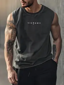 Men's Vintage Graphic Sleeveless Vest, Summer Breathable Cotton Workout Tank Top, High Street Casual Loose Fit, Long Style, Sleeveless Sport Tank, Sleeveless Activewear, Sleeveless Sports Vests
