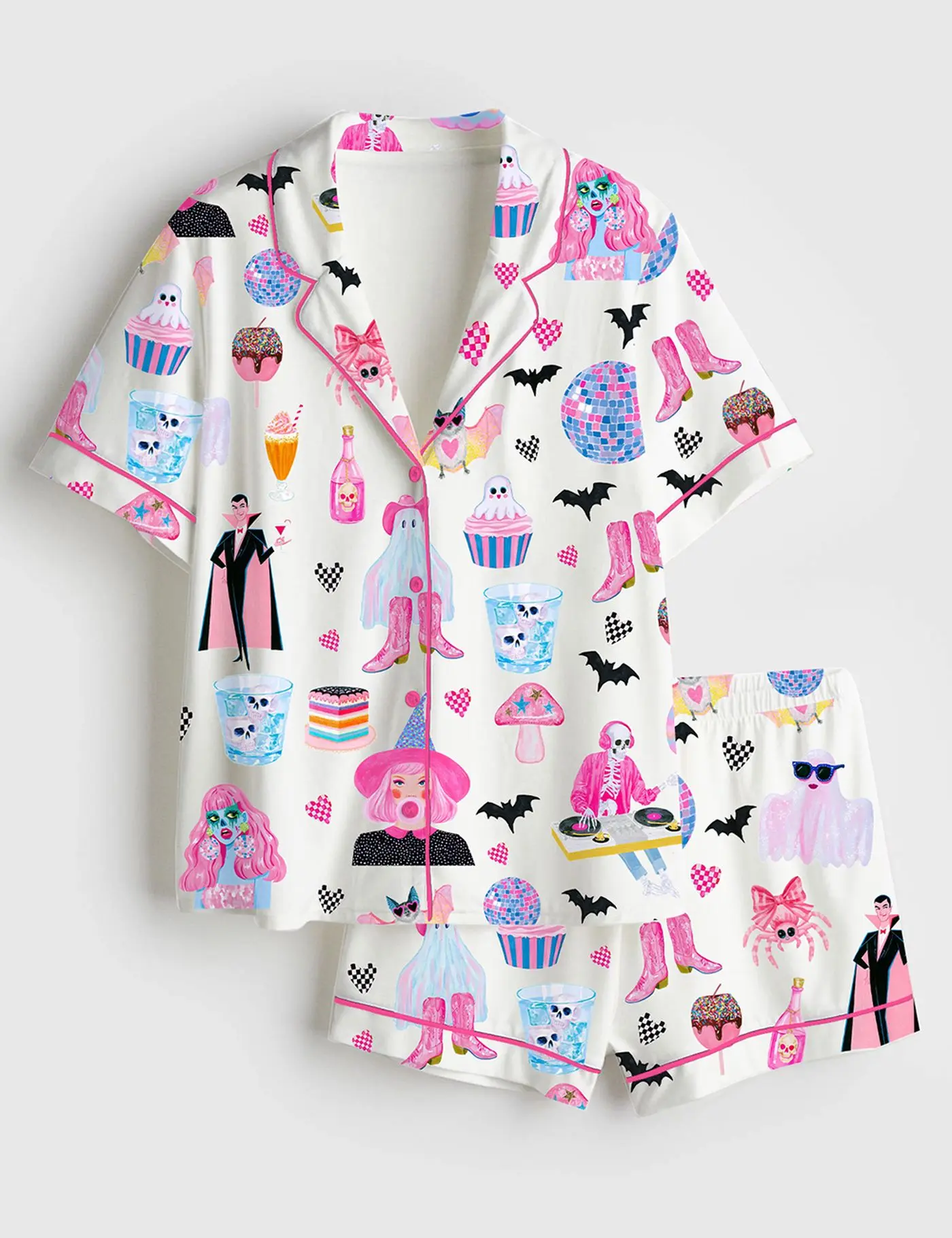 Women's Disco Halloween Satin Pajama Set Retro Spooky Party Sleepwear