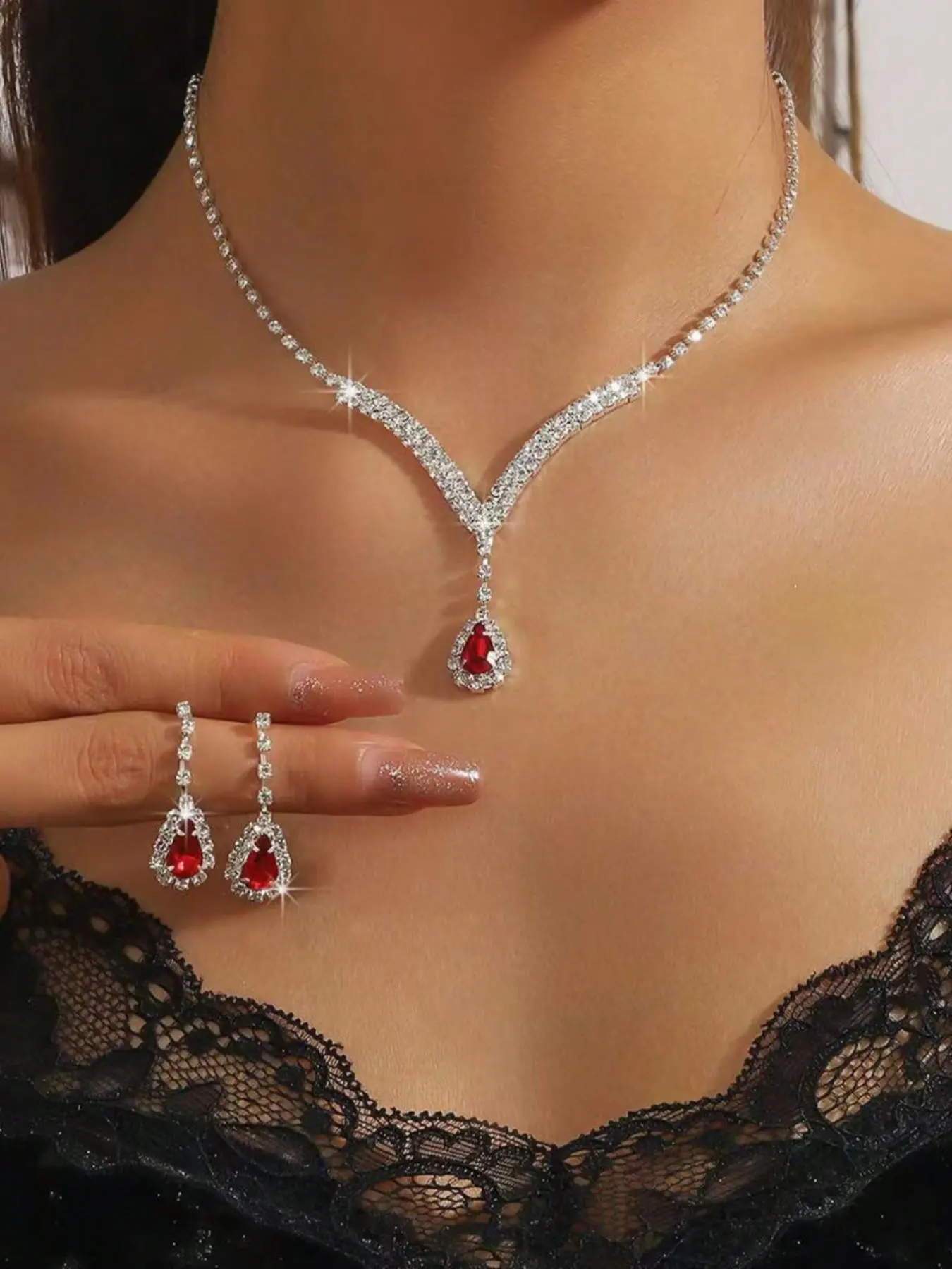 Sparkling zircon bridal jewelry set, earrings, necklace combination, rhinestone jewelry set, Teardrop jewelry set, Fashionable jewelry set, Zirconia jewelry set, Matching jewelry set, Jewellery Gift Set