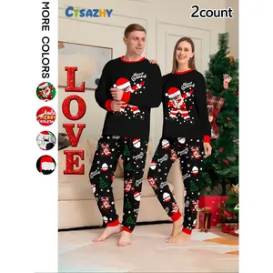Christmas Couple Pajamas Set, Santa Claus Print, Casual Fitted Home Wear, Fall & Winter Thin Fabric, Comfortable Daily Sleepwear