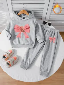 Girls' Fall & Winter Fleece Lined 2-Piece Set, Long Sleeve Hoodie Sweatshirt, Cute Bow Print, Casual Outdoor Wear, Baby Clothes Girl