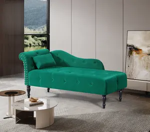60.6" Velvet Chaise Lounge Buttons Tufted Nailhead Trimmed Solid Wood Legs with 1 Pillow,Green  (Left Arm Design as Shown in the Picture) Adjustable Memory Foam Futon Sofa