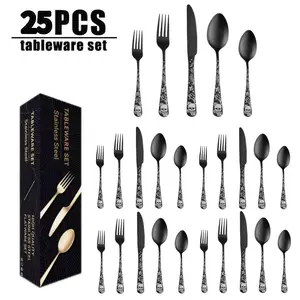 25-Piece Skull Pattern Silverware Set, Stainless Steel Cutlery Set, Knife Fork Spoon Home Creative, Holiday Party Elegant Design, Kitchen Set Cutlery
