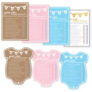 Party Hearty Baby Shower Games, 50 pcs Mommy or Daddy Guess Who Game, Fun Activity Cards, Ideas, Kraft, Blue, Pink, Gold