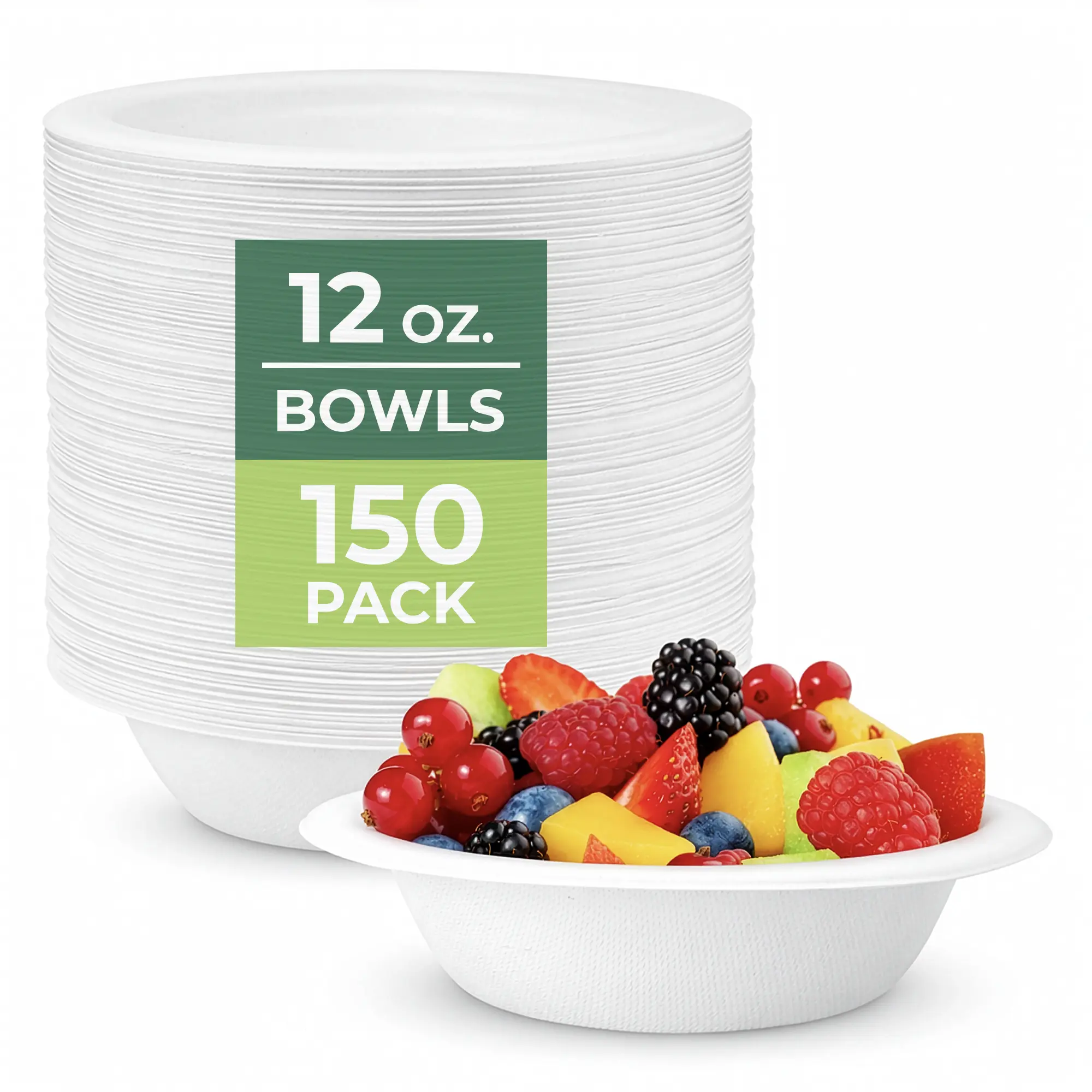 FRESHWARE 12oz Compostable Paper Bowls (150 Pack) - Bamboo Blend Bagasse, Sturdy, Leakproof, Heat-Resistant, Cut-Resistant, Microwave-Safe, Freezer-Safe Sustainable Disposable Tableware for Family Dinners, Parties, Eco-Friendly