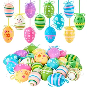 24Pcs Easter Tree Ornaments, Colorful Eggs Hanging Ornaments Easter Party Decorations for Easter Tree Basket (Bows, Leaves and Stripes)