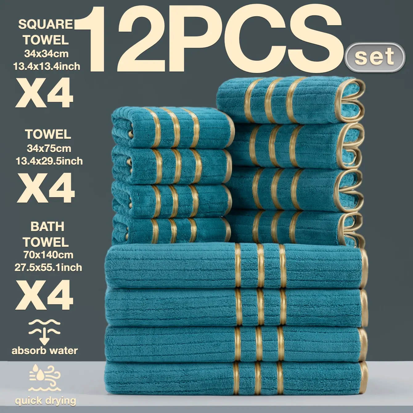 12-Piece Bath Towels Set, Modern Luxury Trim, Soft Absorbent Quick Drying Towel, Water Absorbent Towel, Quick-Dry Super Absorbent Microfiber, Suitable for Home Camping Hotel School Factory
