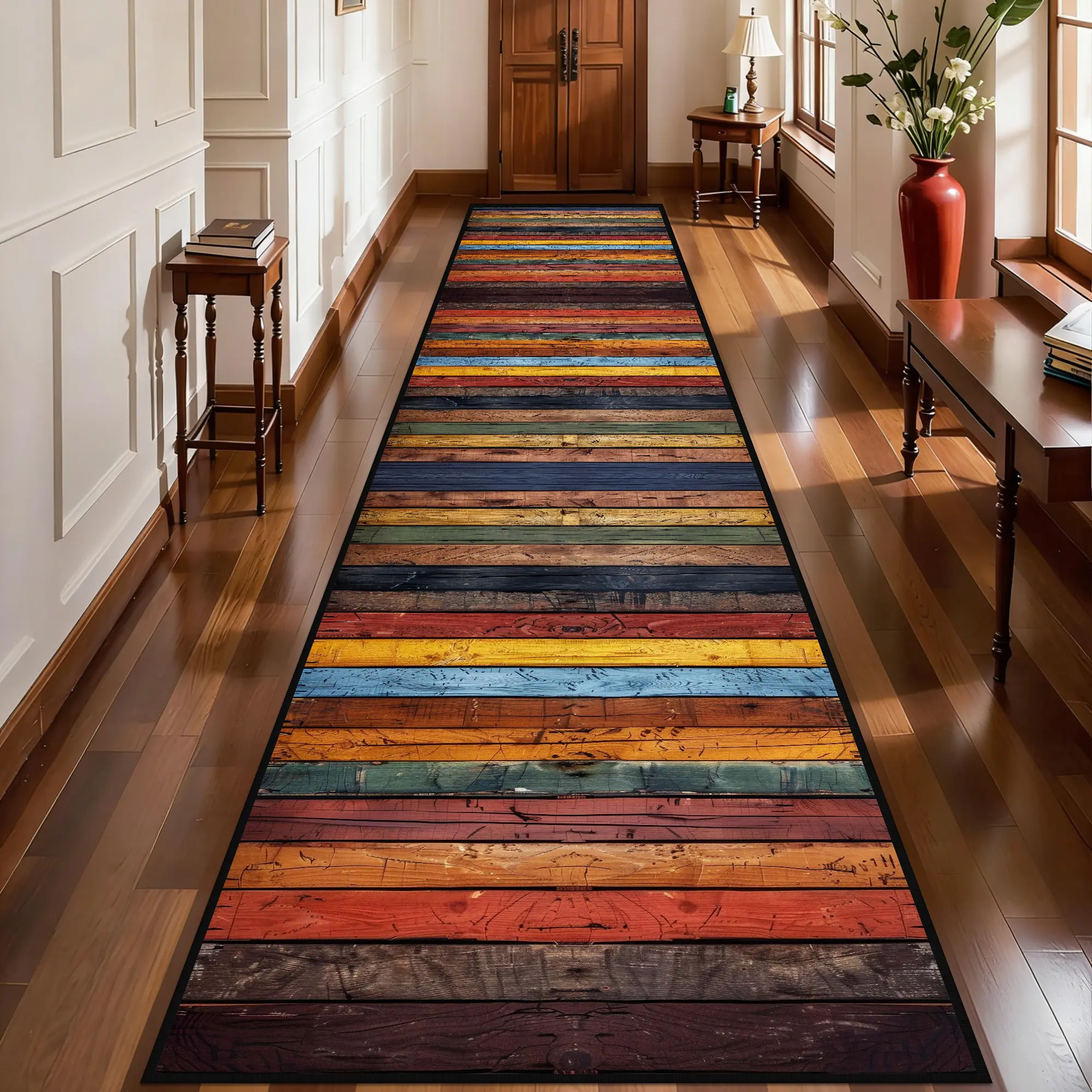 2'x10' Rectangular Soft Low Pile Runner Rug - Machine Washable, Non-Slip Thin Modern Floor Rug with High-Definition Multicolor Retro Wooden Board Pattern for Long Hallway, Kitchen, Low Pile Rugs