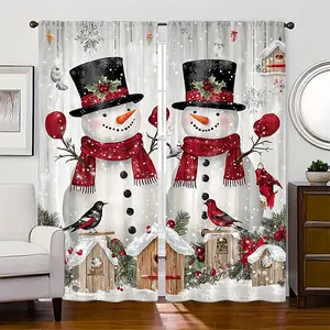2-Piece set, charming snowman Christmas curtains - festive Christmas merry curtains, Window Curtain, translucent rod pocket design, with snowman and red bird patterns, suitable for living room, kitchen, dining room home Christmas decoration