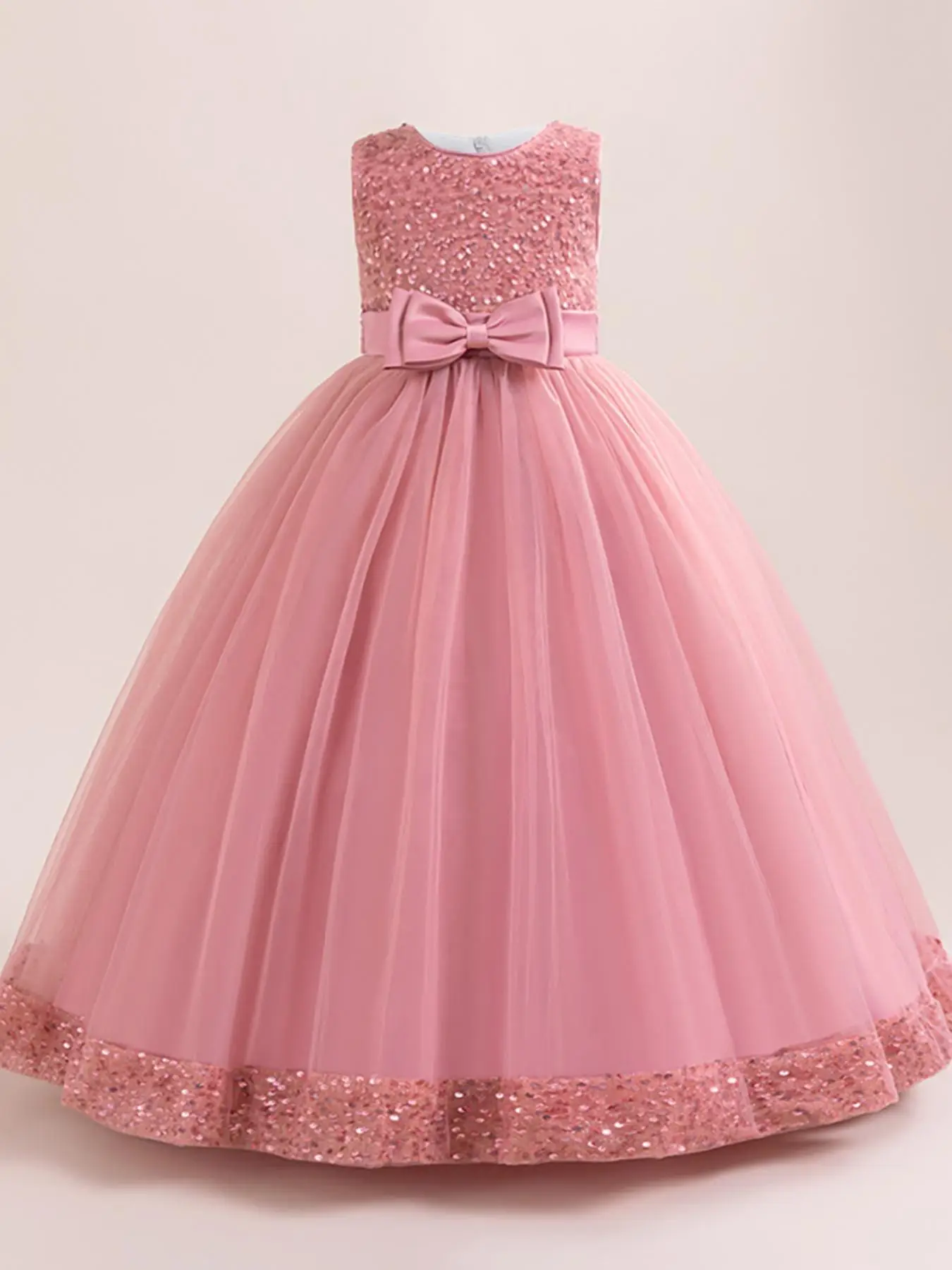 Girl's Contrast Sequin Bow Decor Tulle Dress, Elegant Sleeveless Round Neck Formal Dress for Party Wedding Guest, Kids Clothes for All Seasons