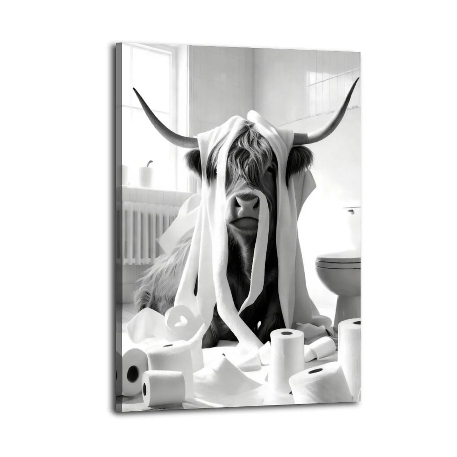 Funny Highland Cow Black And White Art Painting Decorative Classic Poster Art Wall Art Oil Painting Art Canvas Poster Decorative Painting Porch Living Room Art Decoration