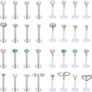 Sanfenly 32Pcs 16G Tragus Labret Monroe Piercing Jewelry for Women Men, Stainless Steel & Clear Plastic Cartilage Forward Helix Lip Nose Studs, 6mm 8mm 10mm