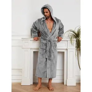 1pc Luxurious Plush Fleece Bathrobe - Cozy Thick Double-Layer Hooded Lounge Wear with Pockets, Machine Washable, Ideal for Autumn/Winter Comfort Long Sleeve Fashion Men's Cotton Flannel Robe Loungewear Menswear Nightwear Beige Casual Navy Blue Navy Blue