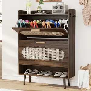 COZPAW Rattan Shoe Cabinet with 2 Flip Drawers, Shoe Storage Cabinet for Entryway, Narrow Shoe Rack Cabinet, Freestanding Hidden Shoe Organizer for Hallway, Living Room