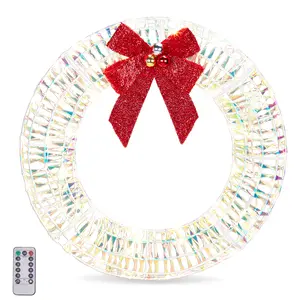 24in Iridescent Christmas Wreath - 84 Warm White LED Lights with Red Bow, Metal Frame for Outdoor Door & Wall Decor