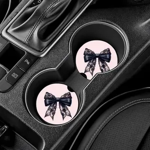 Black bow pink background car coaster set of 2