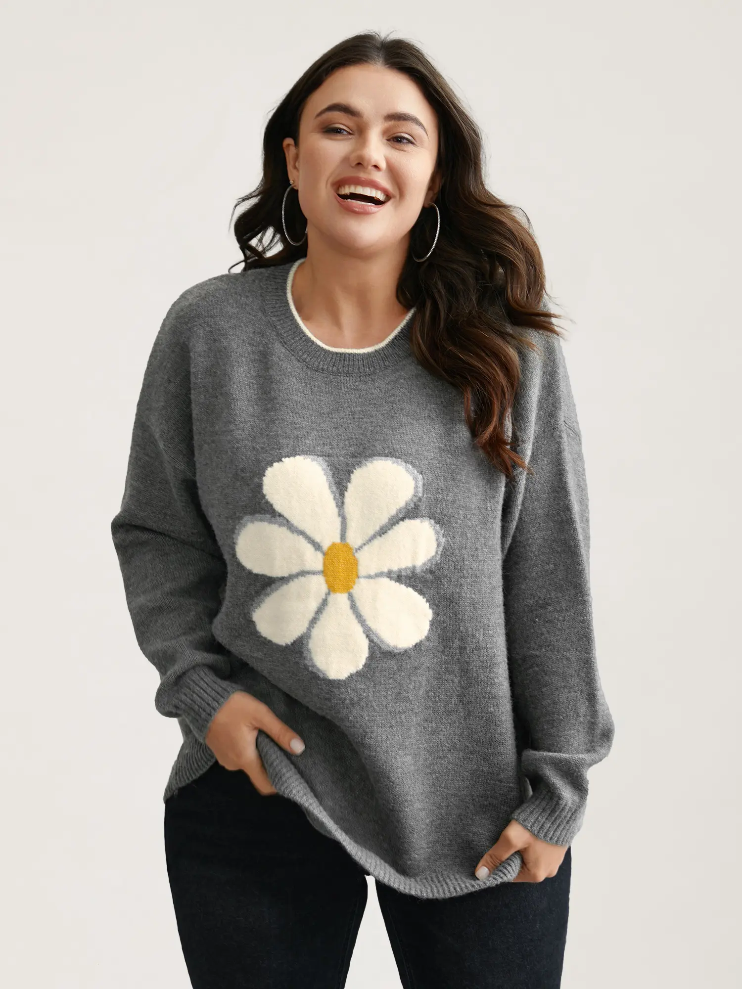 BloomChic Women's Acrylic Floral Textured Round Neck Long-Sleeve Pullover - Graphic Crewneck Sweater, Casual Loose-Fitting Winter Knitwear Clothes,Summerfinds