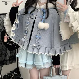 Lolita Style Sweet Kawaii Capes Coat Women Warm Bow Ruffles Hooded Ponchos Japanese Viange Outerwear Clothing Autumn Winter