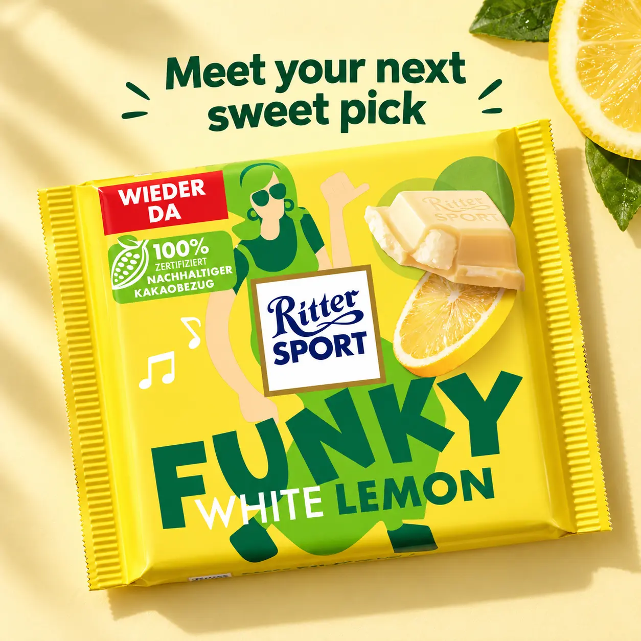 Ritter Sport Creamy White Chocolate Bar - Funky Lemon Flavor, 100g (German Origin)