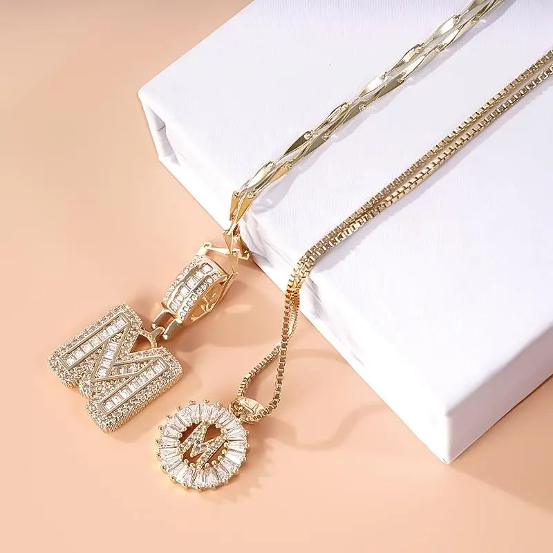 2 Count initial Letter Necklace Set with Zirconia Stones | Golden/Silver Bubble Necklaces for Women Iced Out Necklace For Men Anniversary Gift Letter Alphabet Necklace Zircon Stone pendant necklace initial zirconia stone portable pop living room